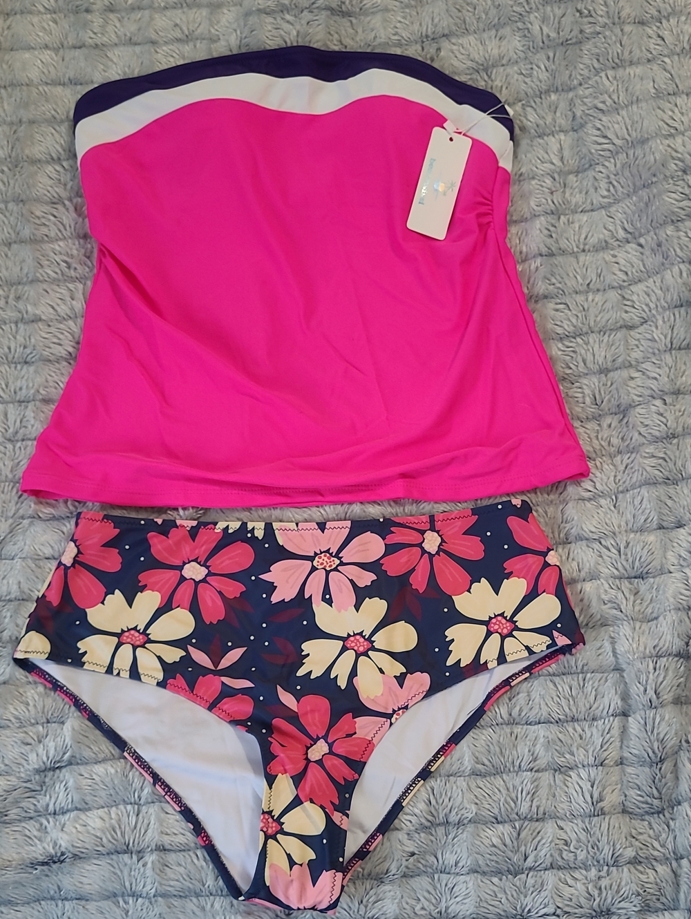 Women’s Strapless Tankini Set in Hot Pink with Navy Floral Bottoms